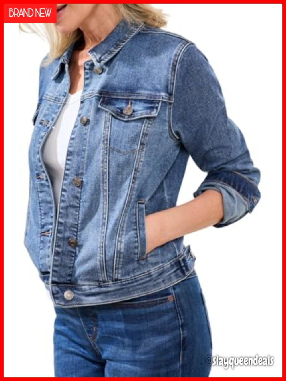 Classic Fit Stretch Denim Jacket Button Front Faux Pockets